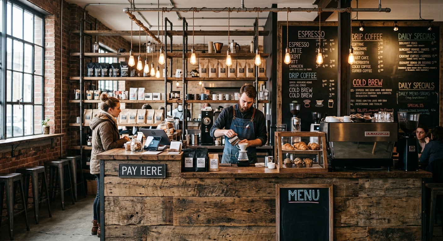 Café-Innenausbau vintage-industrial · gebrauchte Elemente Berlin